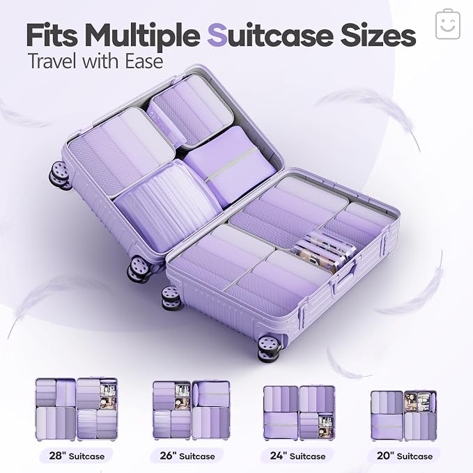 Veken 11 Set Compression Packing Cubes Garment Bags for Travel Essentials,Compressible Expandable Luggage Organizer Bags for Clothing,Space Saver Bags with Over 1000 pcs of Mesh Holes(Light Purple)