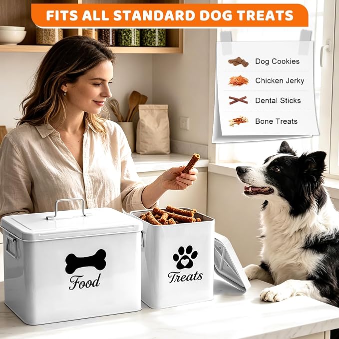 Dog Treat Container Set of 2, Airtight Metal Dog Food Storage Container (12-15 lb & 6-8 lb Capacity), Large & Small Kibble Storage Containers with Lid and 2 Scoops, for Dry Food and Treats (White)
