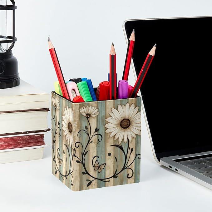 Flowers on Vintage Wooden Boards Pen Holder for Desk Decor, Rectangular PVC Leather Pencil Cup for Desk Pen Organizer, Makeup Brush Holder for School, Home, Office