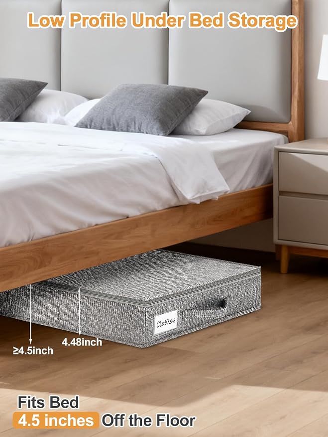 punemi 4.5 in Tall Low Profile Under Bed Storage Containers, 2 Pack, Grey | 40L Structured Clothes Organizer Bin with Reinforced Sides & Bottom, Shallow Design for Clothing & Blankets