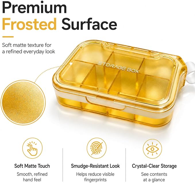 Small Pill Case, Travel Pill Organizer with Water-Proof Silicone Carry Loop | Pocket Size Medicine Box, 7 Compartments Compact Pill Box for Fish Oil Vitamins Supplements Daily Medications