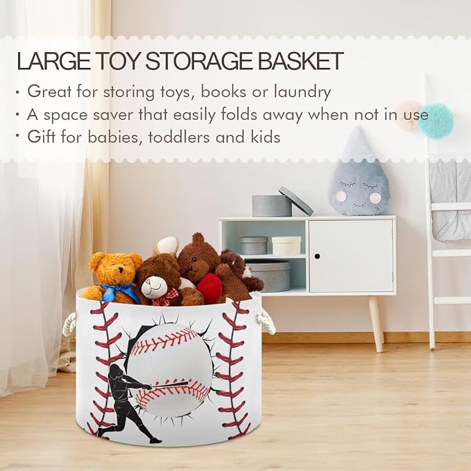 Baseball Pattern Collapsible Round Storage Basket with Handles | Sport Ball Large Laundry Baskets Hamper, Organizer Bin for Nursery Bedroom Living Room Decor, 20x 20x 14 Inches
