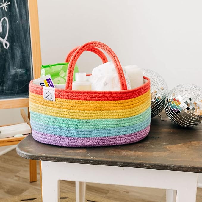 OrganiHaus Rainbow Rope Diaper Caddy Organizer, Nursery Basket | Woven handles; a toy bin, laundry bin, or newborn essentials storage; great for car, baby shower gifts, or bedroom decor