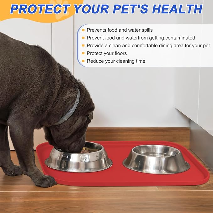SMILOOL Silicone Pet Feeding Mat with Raised Edge for Food and Water, Dog Bowl Mats, Cat Bowls Placemat with High Lip for Floor Waterproof, Rubber Tray for Cats and Dogs 24 x 16 x0.8 Red