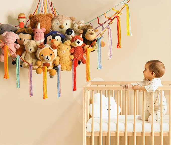 mirolam Stuffed Animal Hammock Corner Storage Net Cute Preppy Trendy Stuff Gifts for Teen Girls Baby Room Wall Nursery Decor Rainbow Color Colorful Unicorn Hanging Organizers XL Large