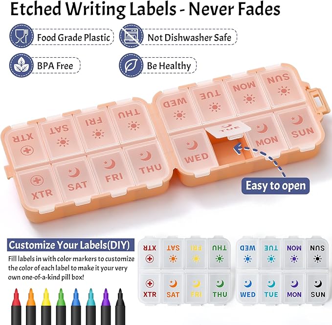 Foldable Weekly Pill Organizer 2 Times a Day with 2 Extra Compartments - Etched Labels - Portable 7 Day AM PM Medicine Box, Week Daily Travel Pill Case Holder Dispenser for Vitamin, Supplement - Pink