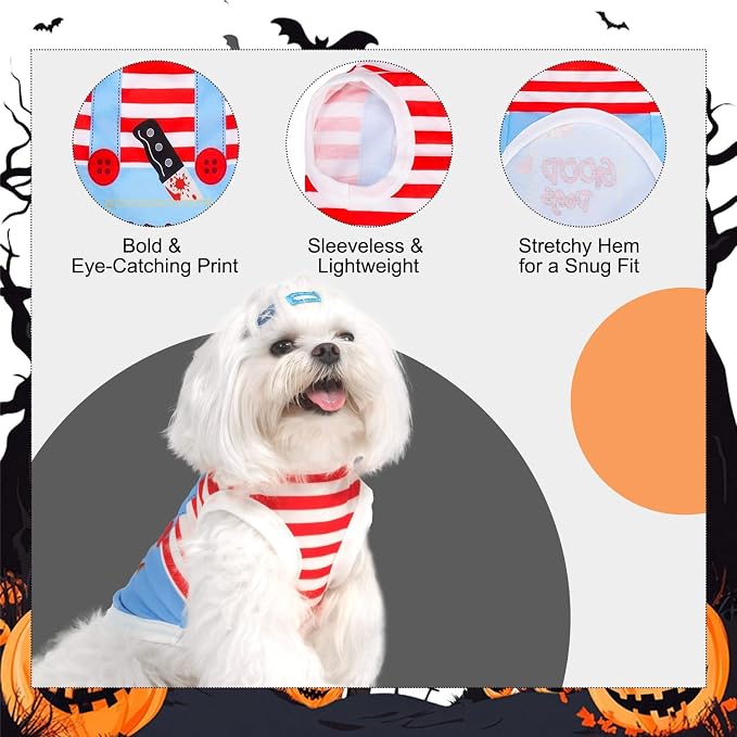 BINGPET Dog Halloween Shirt, Deadly Doll Funny Dog Halloween Costumes Puppy Tshirts Outfit,Breathable Sleeveless Tank Top Vest & Sweatshirt for Small Medium Dogs Cats (XS)