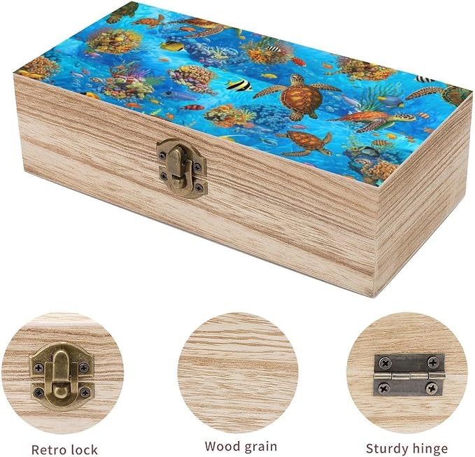 Wooden Memory Box with Lid Decorative Keepsake Box, Sea Turtle Ocean Animal | Turtles Storage Containers Wedding Birthday Gift Box Jewelry Organizer, 9.2x5.5x3.9 Inch