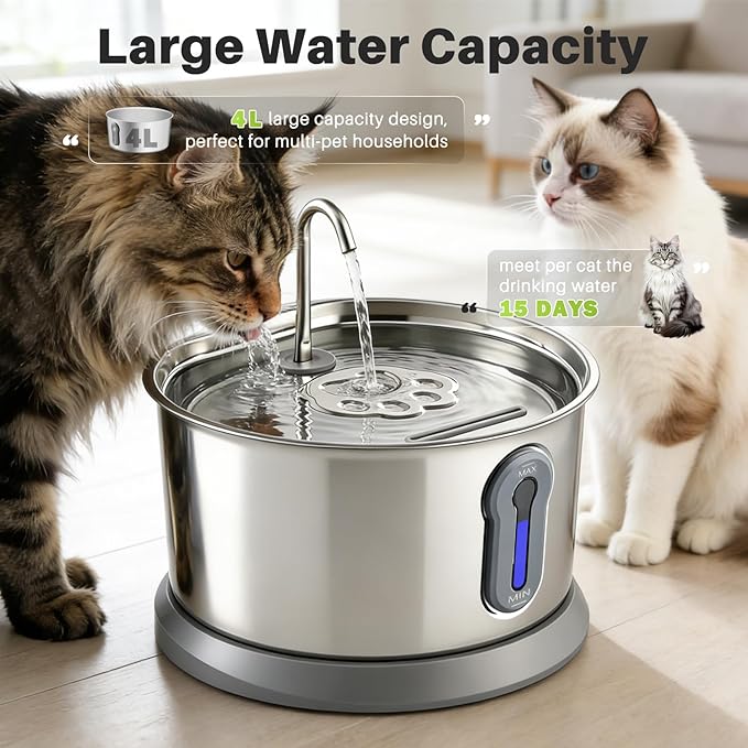 Stainless Steel Cat Water Fountain, 135oz/4L Pet Water Dispenser with App Monitoring, 4000mAh Water Dispenser for Cats, Ultra Quiet, LED Water Level Window Automatic Cat Fountain, (2 Filter&3 Sponge)