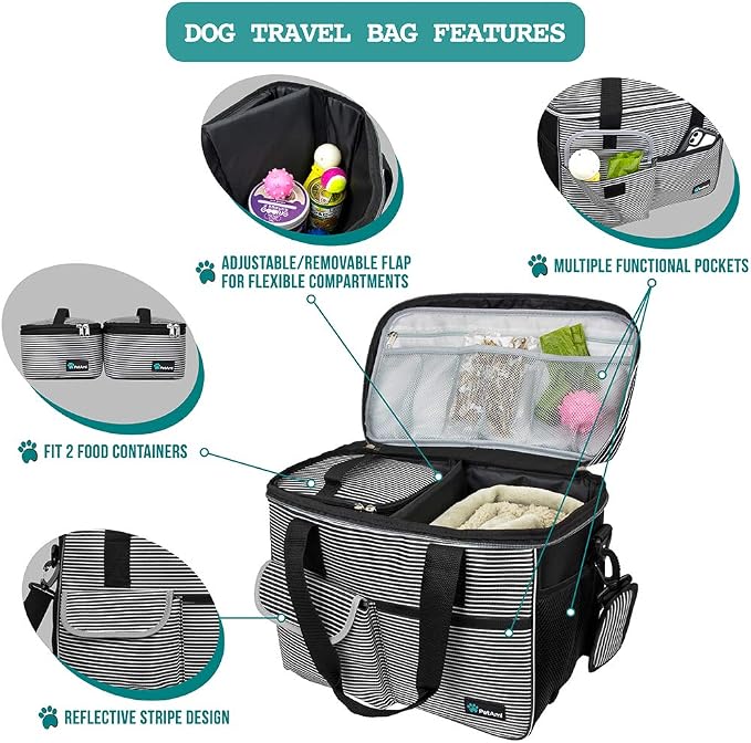 PetAmi Dog Travel Bag Organizer, Pet Supplies Tote, Stripe Black Medium | Pet Travel Kit with 2 Food Containers & 2 Collapsible Dog Bowls, Luggage Sleeve, Weekend Getaway Road Trip Camping Essentials