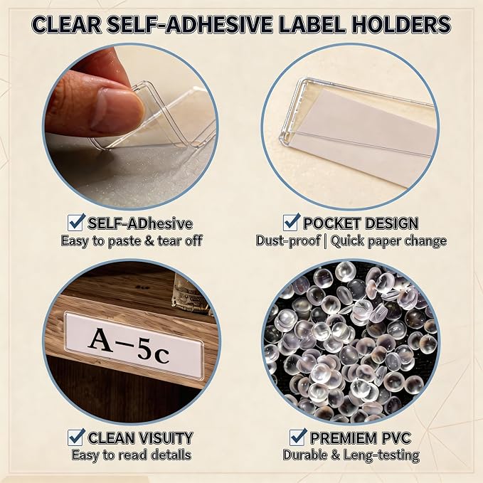 Self Adhesive Label Holders, ELEMGULY 100 Pack Adhesive Shelf Tag Shelf Label Holder Clear Pocket Holder with Paper for Supermarket, Bookshelf, Kitchen (4.3 x 1.2 Inch)