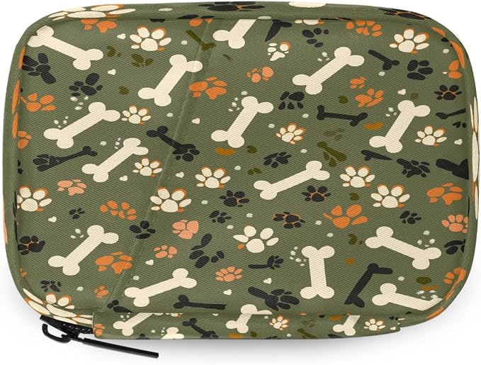 Weekly Pill Organizer Travel Size Bag with Removable 7 Day Pill Box Portable Vitamin Case Purse with Zipper,Olive Pet Paws Bones