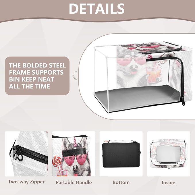 Foldable Storage Bin Dog with Glass Of Juice Sturdy Under Bed Storage Container with Clear Window and Handle