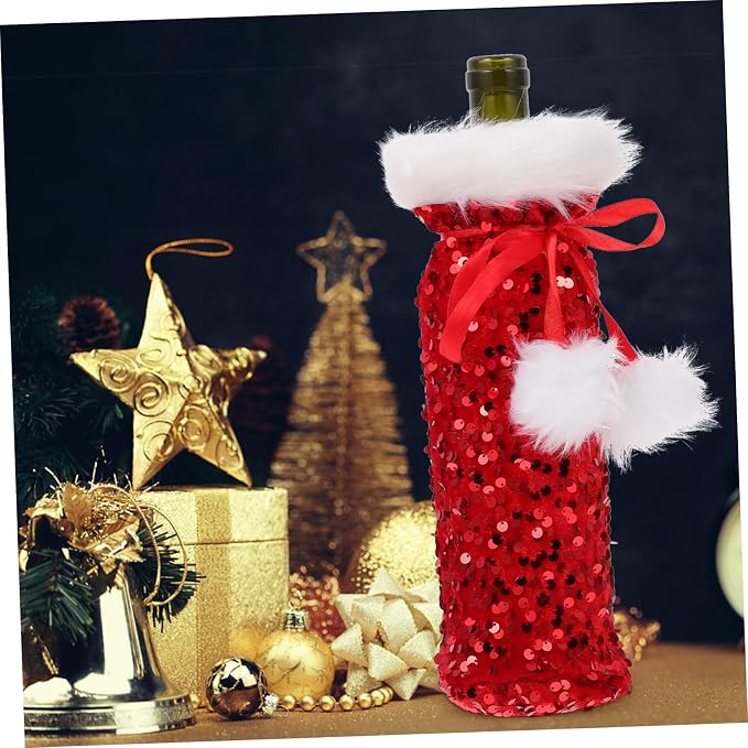 Didiseaon Red Wine Bottle Cover Lovely Pattern with Drawstring Soft Pet Material Wine Bottle Bag Christmas Plush for Holiday Decoration in Coffee Shops and Restaurants