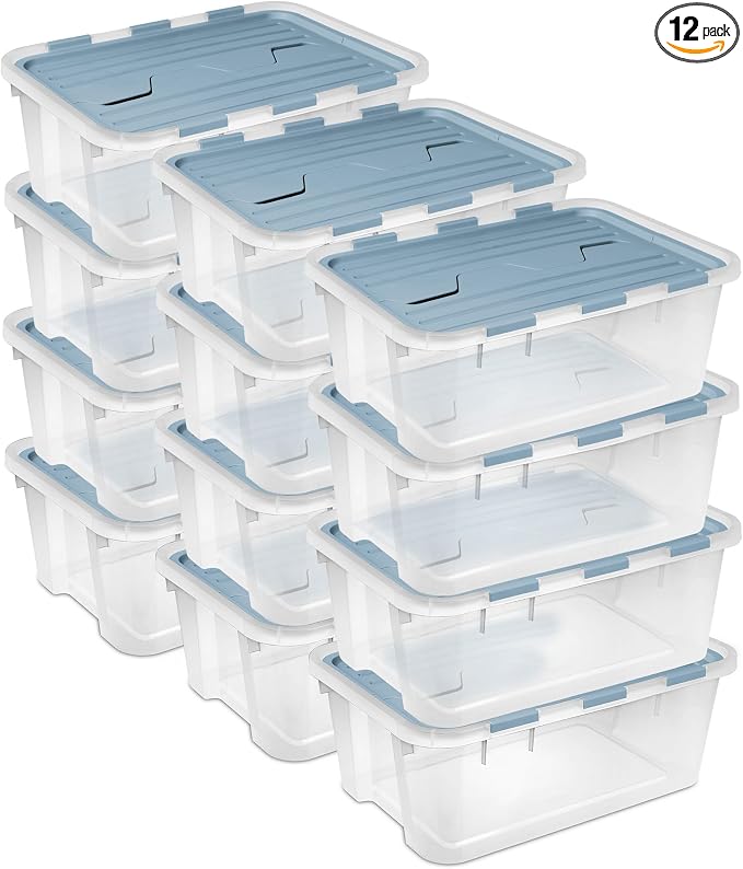 Sterilite Hinged Lid Storage Box, Plastic Container, 40 Quart, 12-Pack | Washed Blue - Home Organizer Tote for Storing Shoes, Crafts, Clothing, or Decor