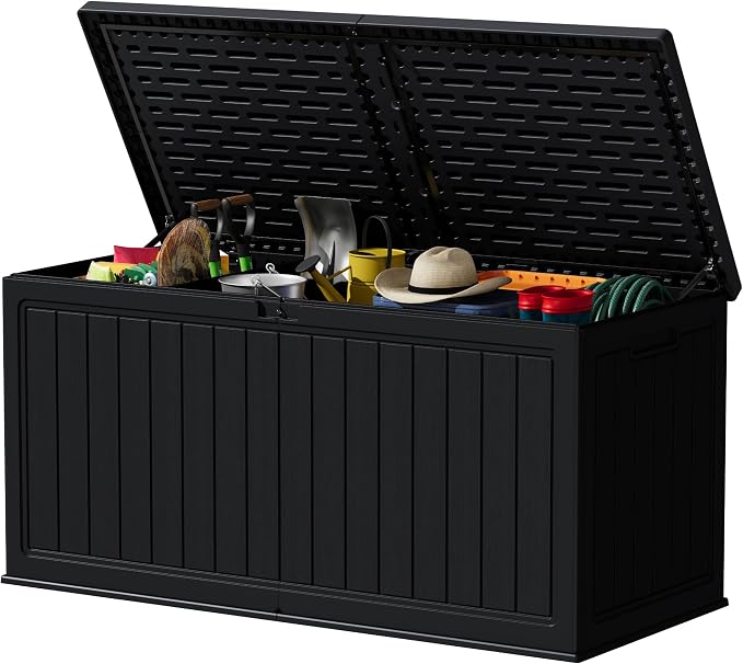 Devoko HDPE 260 Gallon Deck Box Double-Wall with Divider | Large Outdoor Storage Box Side Handles, Waterproof and Lockable for Patio Furniture, Garden, Pool