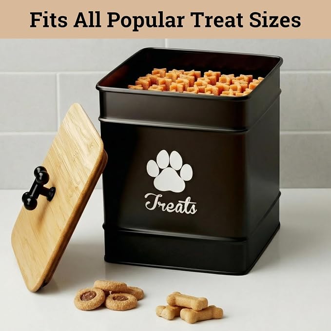 Dog Treat Container Airtight, 6"W x 8"H, Powder Coated, 12 Cup Capacity | Fits All Popular Treats, 12 Cup Capacity, Airtight Bamboo Lid, Easy Open Lid, Dent-Resistant Durable Metal Bone-Shaped Handle