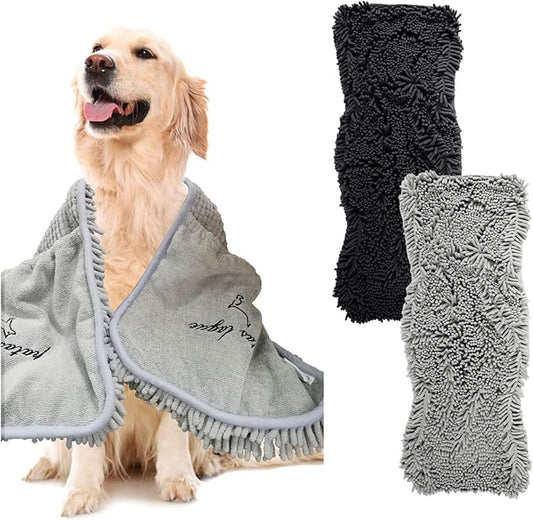 Patas Lague 2 Pack Absorbent Dog Towel for Drying Dogs Large, 35''x15'' Extra Large Microfiber Quick Drying Pet Bath Towel with Hand Pockets, Machine Washable Pet Shammy Grey NavyBlue