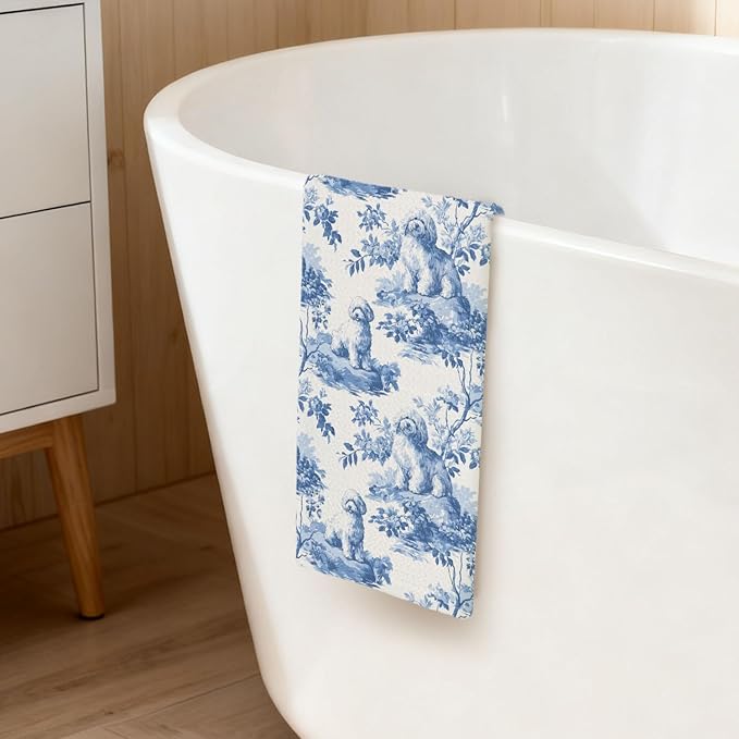 Bichon Frise Kitchen Dish Towels,Blue and White Floral Dog Towel Dish Tea Towels, Chinoiserie Decor for Kitchen Bathroom,Bichon Frise Gifts for Dog Lover Mom Dad,16x24 Inch