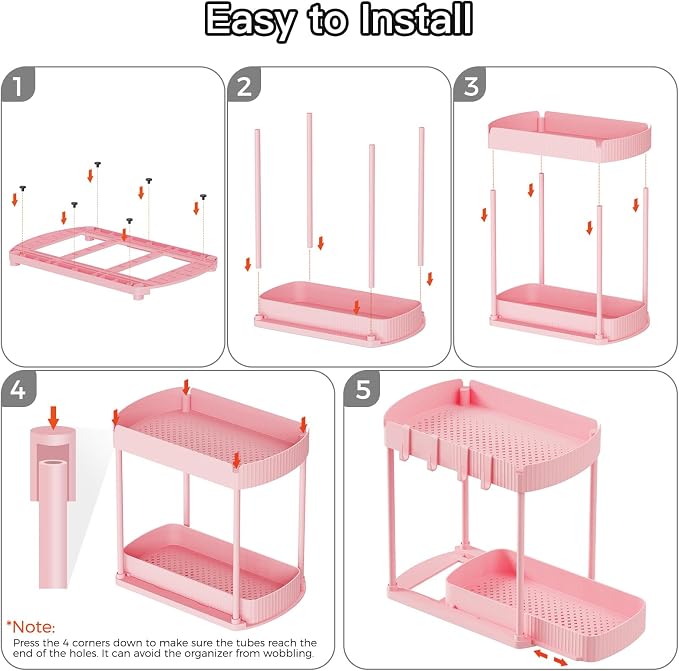 2 Packs Under Sink Pull-Out Storage Organizers, 12.8 Inches, Pink | Multi-Purpose Cabinet Organizers and Storage for Bathroom & Kitchen