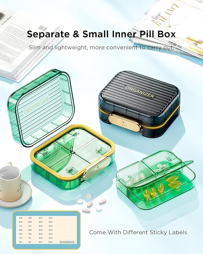 Acedada Small Pill Box, Travel Pill Case for Purse, Light Green | Portable 7 Compartments Daily Pill Organizer, Compact Medicine Vitamin Container for Fish Oil & Supplements