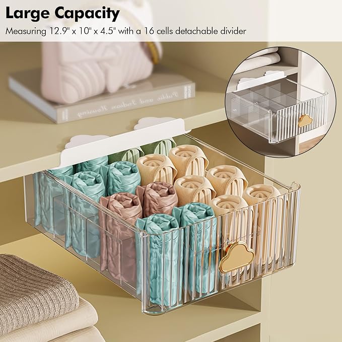 Under Shelf Drawer Pull Out Under Cabinet Storage, Clear Organizer for Closet Shelves with 16 Cells Detachable Divider, Self-Stick Under Table Drawer for Cabinet