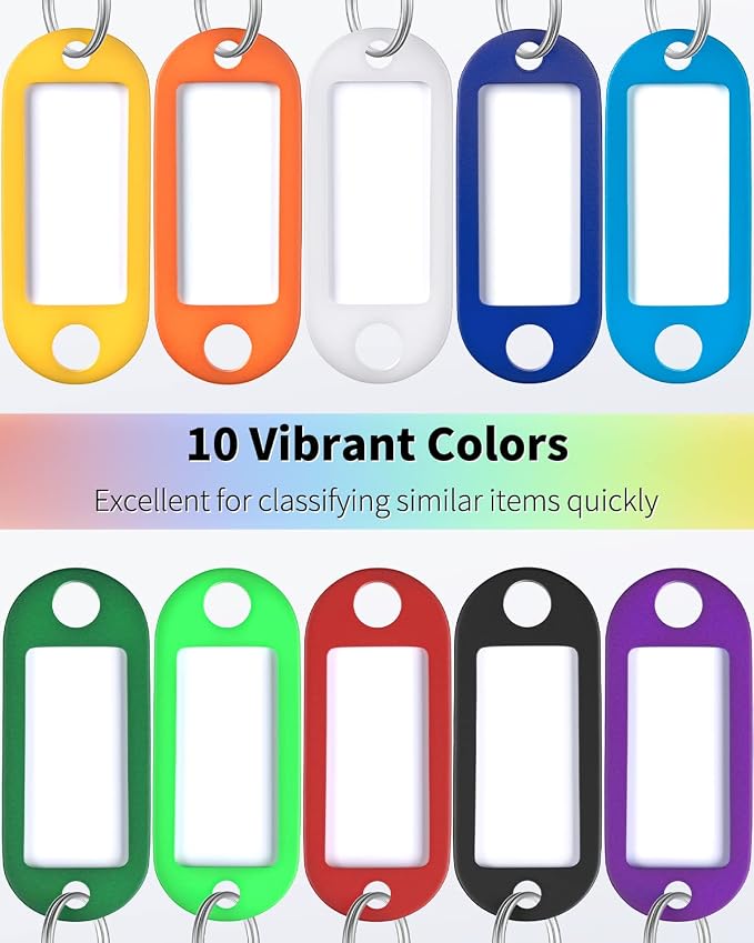 Uniclife 40 Pack Tough Plastic Key Tags with Split Ring Label Window, Assorted Colors | Writable inserts and clear windows make keys easy to identify, flexible tags resist tearing and attach with split rings