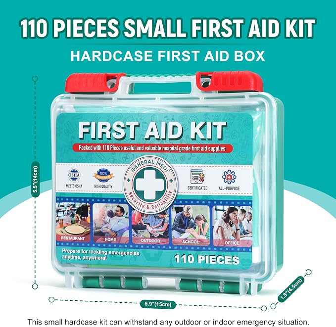 General Medi 110 Pieces Small First Aid Kit - HardCase First Aid Box - Contains Premium Medical Supplies for Travel, Home, Office, Vehicle, Camping, Workplace & Outdoor