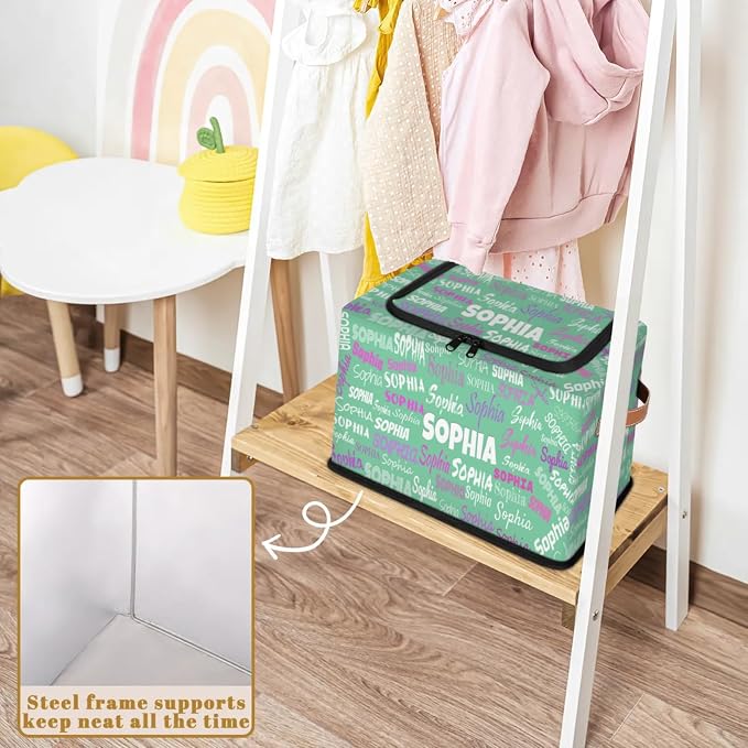 Personalized Kids Toy Box with Name, Custom Nursery Baskets Cubes Box with Zipper Lid, Kids Custom Storage Basket Laundry Baskets Organizer with Handles, Light Green Solid Color