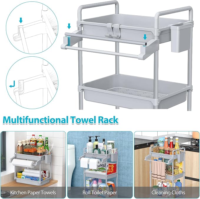 SPACEKEEPER Rolling Storage Cart, 3 Tier Utility Cart for Bathroom, Grey | Rolling Cart with Lockable Wheels, Towel Rack, Hooks & Cup for Laundry Room,Kitchen,Office, Snack,Craft,Art,Makeup,Nail,Toys