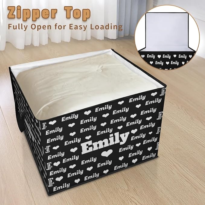 Custom Extra Large Storage Baskets Named with Lid, Personalized Storage Bins Basket Boxes Handles for Clothes Blanket Bedroom Closet Organizing Toys Shelves, Solid Black with Love Heart