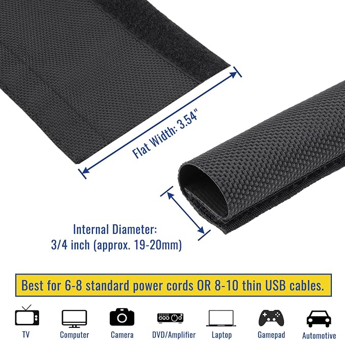 3/4" - 6.6 Ft Dog/Cat Cord Protector, Hook and Loop Cable Sleeve | Cable management sleeve; Reversible, flexible & cuttable; Split wire wrap for TV, USB, audio, computer and automotive; Black