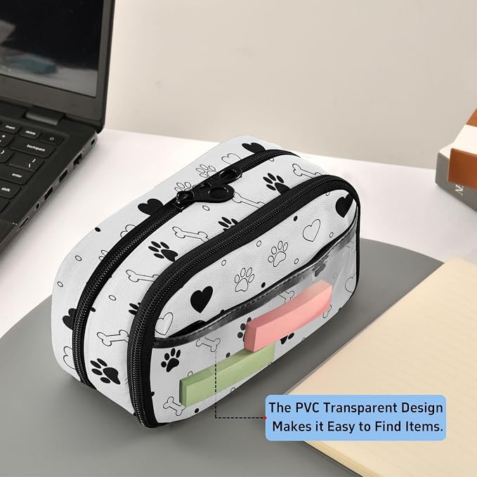 Pet Valentines Paw White print Large Capacity Pencil Case with Zipper Water Resistant Portable Organizer Pen Bag for Students Office School