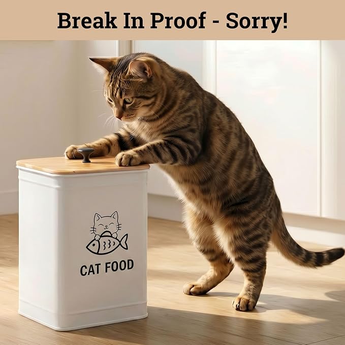 Metal Cat Food Container with Scoop 5-7 lb (25 Cup), w/ Airtight Bamboo Lid | Cat Kibble Canister with Metal Scoop, 25 Cups, Chew Proof Iron Body, Powder Coated, Airtight Bamboo Lid, Sturdy Metal Handle
