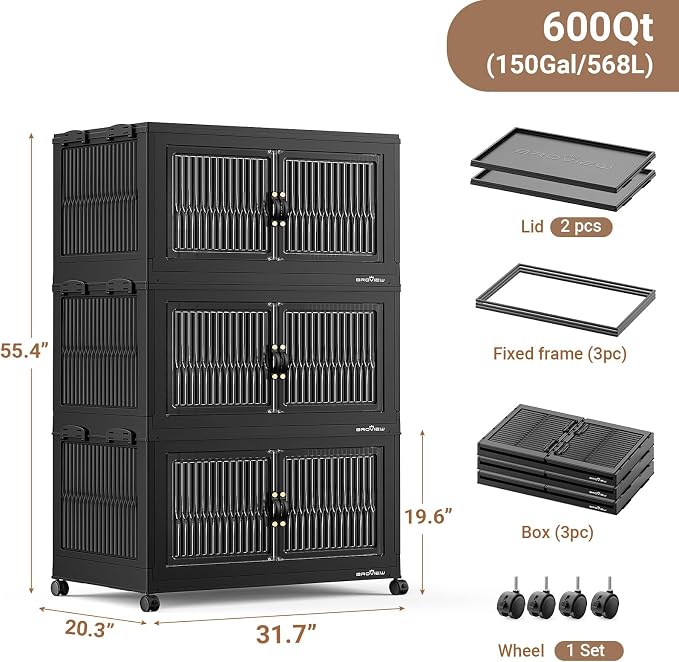 BROVIEW 600Qt Stackable Storage Bins with Lid for Home Dorm, 3Pack Black | Closet Organizers, Foldable & Collapsible Cabinets, Large Containers, Wheels & Magnetic Doors, Plastic Drawers for School