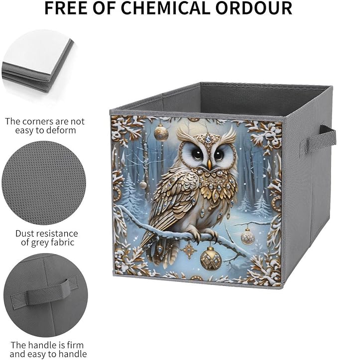 Christmas Owl Foldable Storage Bins, 10.6" Cube Storage Organizer, Sturdy Oxford Cloth Fabric Baskets for Closet, Shelf, Nursery, Bedroom, Decorative Printed Box for Toys & Clothes