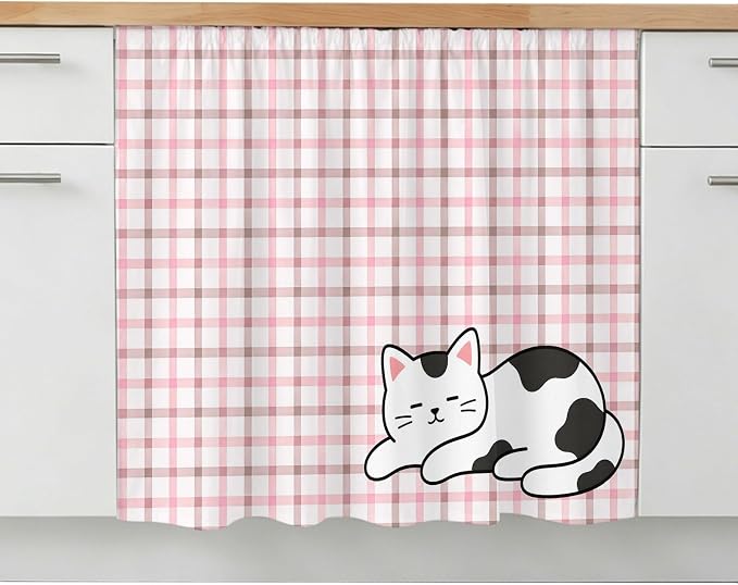 Cute Cat Oven Skirt Curtain for Kitchen Decor 28"x35", Pink Brown Checked Modern Pet Cats Rustic Self Adhesive Stove Curtains Skirt Cabinet Curtains for Bathroom Laundry Room