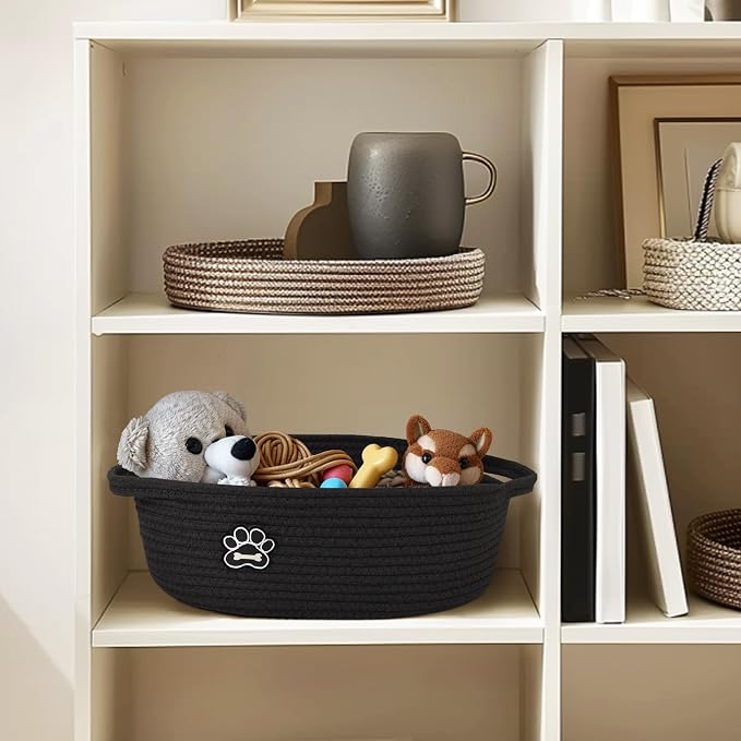 Small Dog Toy Basket, Soft Cotton Rope Dog Cat Toy Bin, Woven Storage Basket for Living Room Nursery, Cats Pet Gift Basket Empty, Decorative Wicker Storage Box with Handle, 13"x 9"x 5"