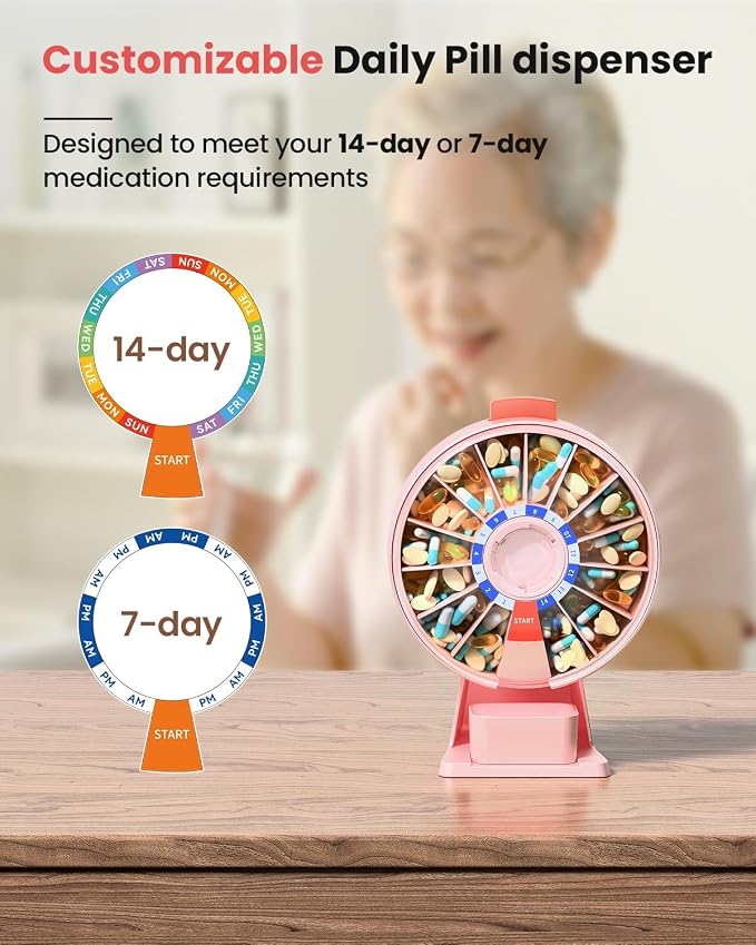 Odaro Large Weekly Pill Dispenser 7 Day Am Pm, Easy One Button, Pink | Daily Medicine Pill Organizer, Large Compartments, Wall & Counter Mount, Easy Use, Easy Refill, Sturdy Hard Plastic