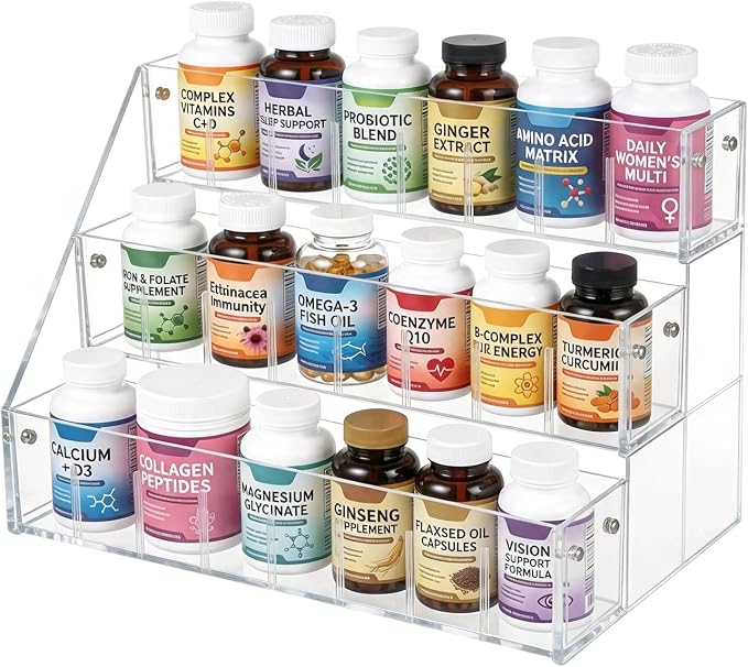 Rainmae 3-Tier Vitamin Storage Organizer, Medicine Cabinet Organizer, Pill Bottle Organizer, Medicine Bottle Organizer for Countertop, Shelf for Vitamin Bottles Pills Medical Supplies Bathroom Cabinet