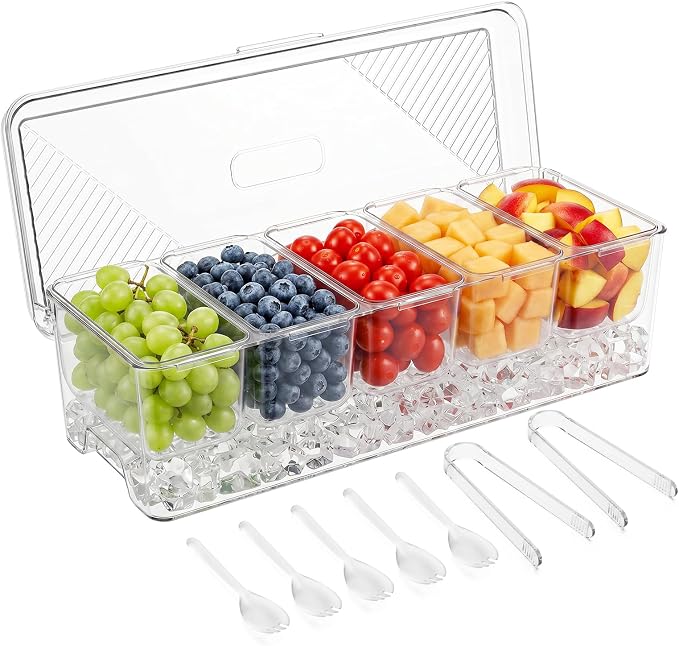 Condiment Caddy with Lid, Condiment Containers,Serving trays | Food Storage Containers, Includes 5 Spoons and 2 Clips, 5 Detachable Compartments, For Fruits Nuts Cookies Condiments