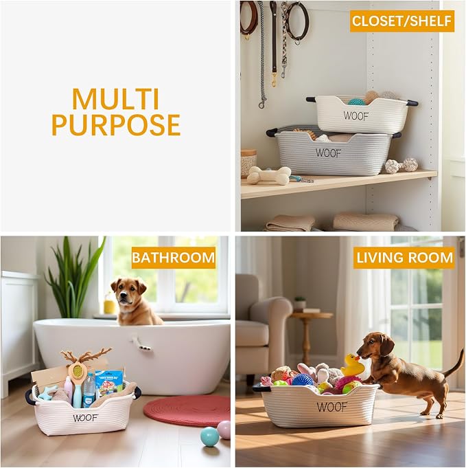 Morezi Dog Toy Basket 2 Pieces Woven Dog Toy bin Low in Front Organizer Storage - Perfect for Collecting Puppy Combs Shampoo Brushes Towel Grooming Stuff in Bathroom playroom Closet