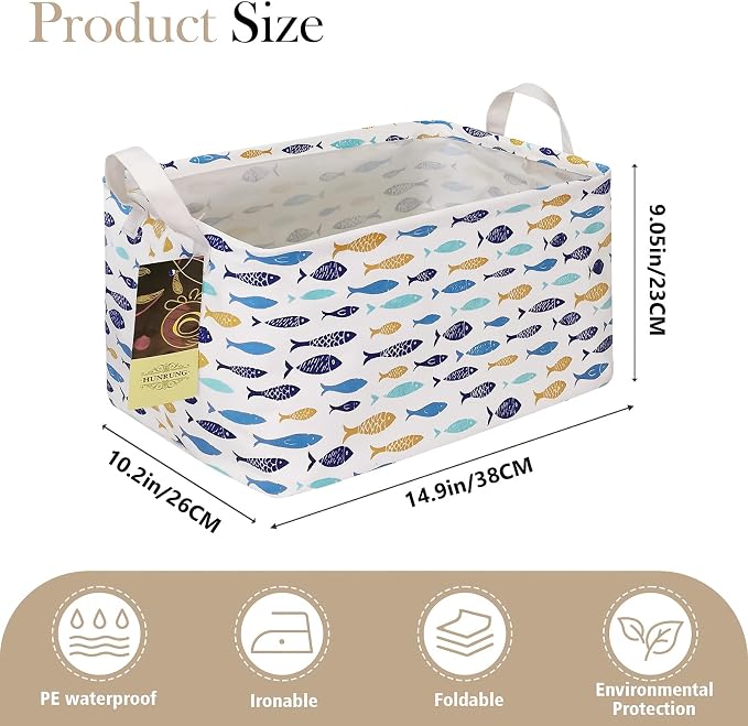 Rectangle Foldable Storage Basket Handles For Home, fish | Waterproof canvas material, reinforced handles, perfect for shelf use, organizes clothes, daily items and pet supplies