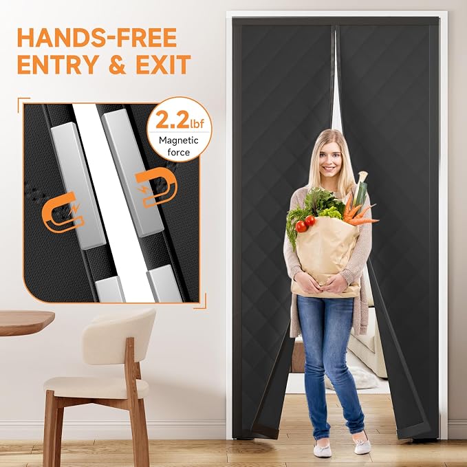 Magnetic Thermal Insulated Door Curtain for Winter Fits Door Size 38" x 82", Temporary Thermal Door Cover for Cold with Thickened Cotton, Window Insulation Kit for Sliding Glass Doorways - Black