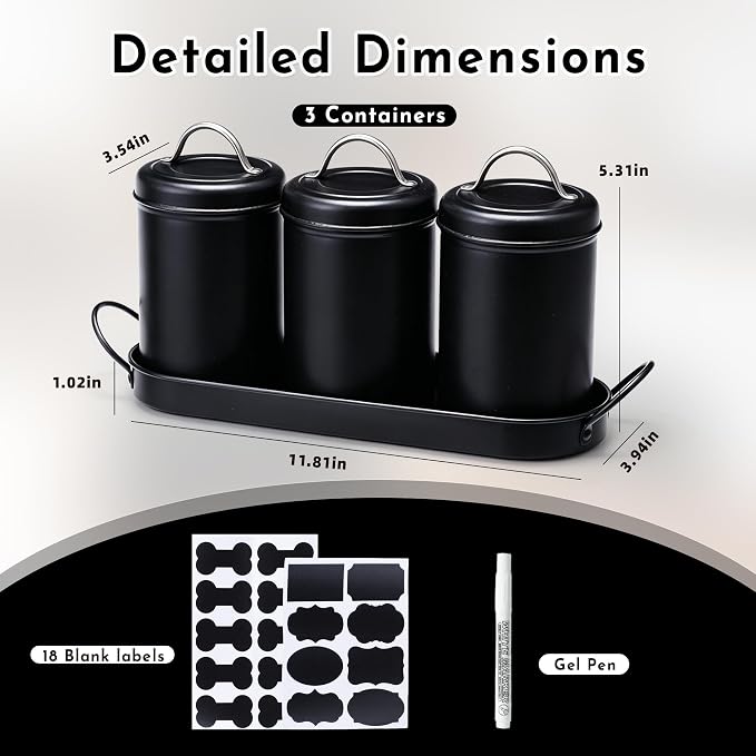 Dog Treat Container Airtight Set with Lid, 3 Dog Treat Jar with Tray | Metal Black Dog Food Storage Container with Labels & Marker, Dog & Cat Treat Holder, Easy Open Lid & Easy Carry Handles