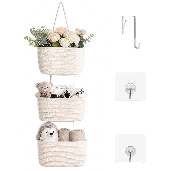 ICERZCZ Hanging Baskets for Organizing, Over the Door Decorative Storage Organizer, Nursery Decor Organization, 3-Tier Wall Basket for Entryway Playroom Bathroom Closet, Off White
