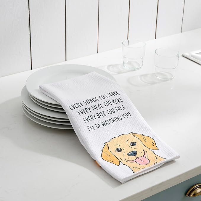 Set of 2 Waffle Weave Kitchen Towels, 380 GSM Absorbent Quick-Dry Microfiber Dish Towels, Funny Dog Tea Towels, 18 x 30 Inches, Gift for Dog Lovers, Kitchen Decor