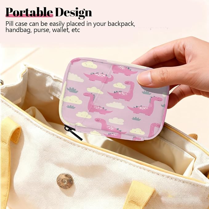 Weekly Pill Organizer Travel Size Bag with Removable 7 Day Pill Box Portable Vitamin Case Purse with Zipper,Pink Dinosaurs Clouds Pattern