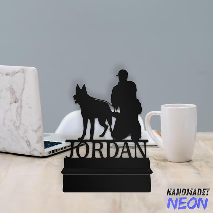 Personalized Man Police and Dog Cell Phone Holder, Custom Name Desk Stand, Metal Enforcement Dock, Tablet, Smartphone Stands, Gifts for Animal Lovers, Friends, Christmas