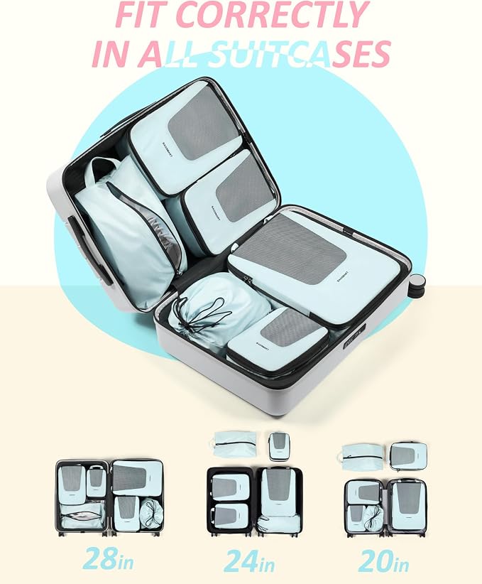 Bagsmart Compression Packing Cubes, Travel Bag Cruise Ship Essentials | Lightweight, Compressible Suitcase Organizer Set fit Standard Carry-On & Checked Luggage, 6 Set, 14 Set Washable Packing Bags
